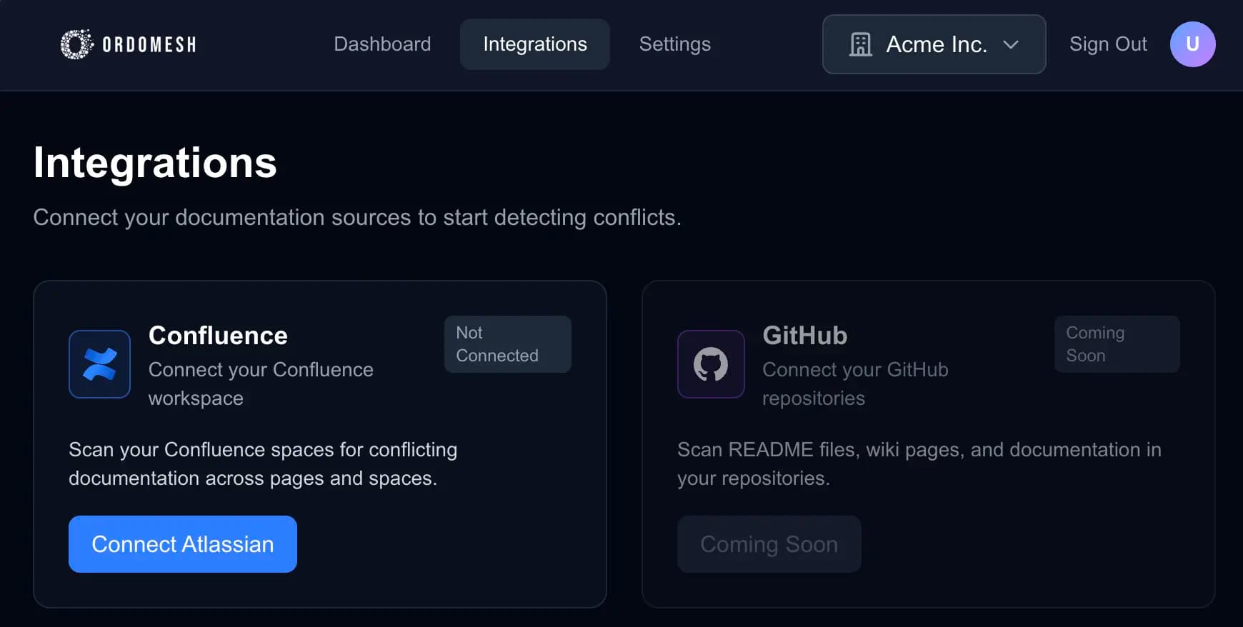 Connect to Atlassian button location in the Integrations page