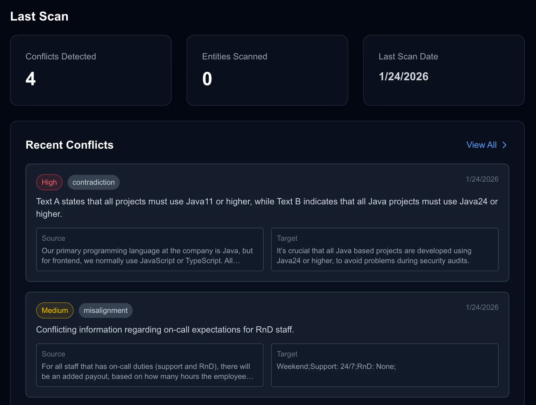 Conflict dashboard showing detected conflicts